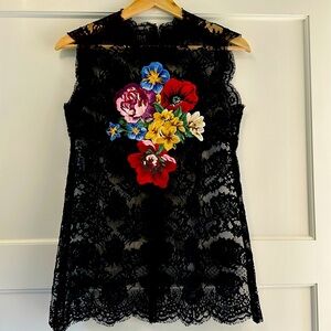Dolce&Gabbana black lace sleeveless top with embroidered floral detail